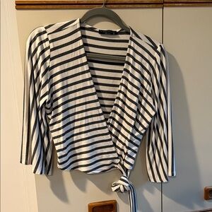 Final Touch Black and White Striped Wrap Blouse